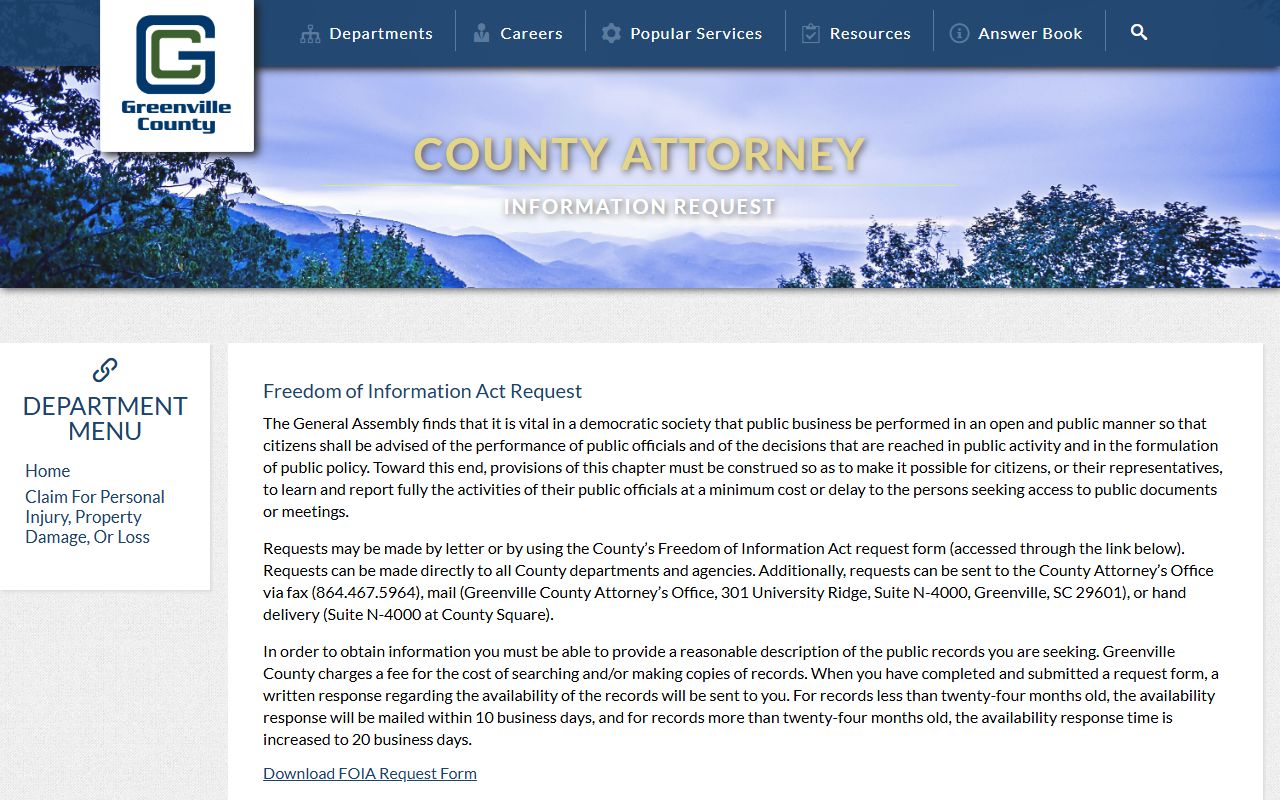 Greenville County Clerk of Court records County Attorney request page