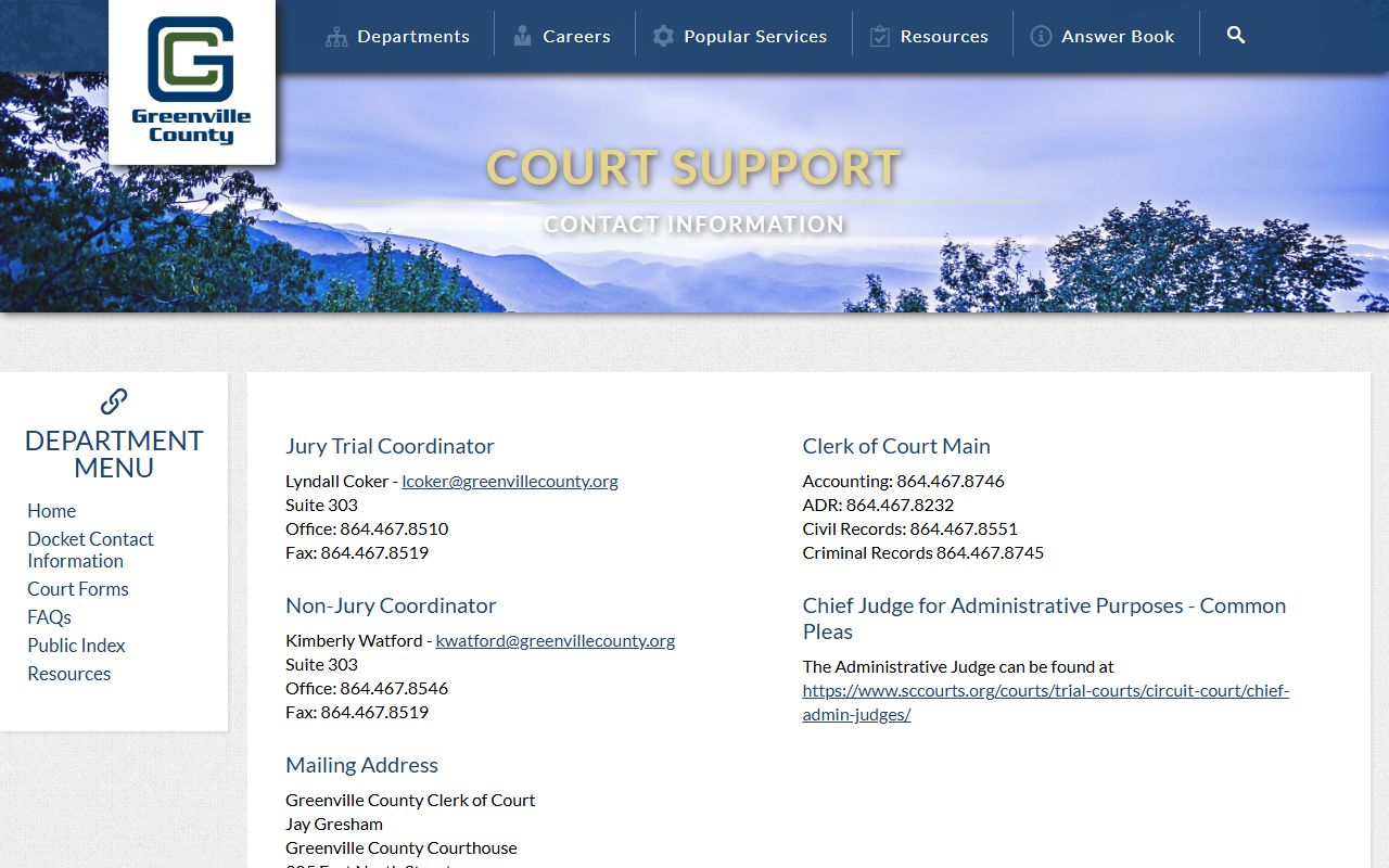 Greenville County Clerk of Court records support contacts