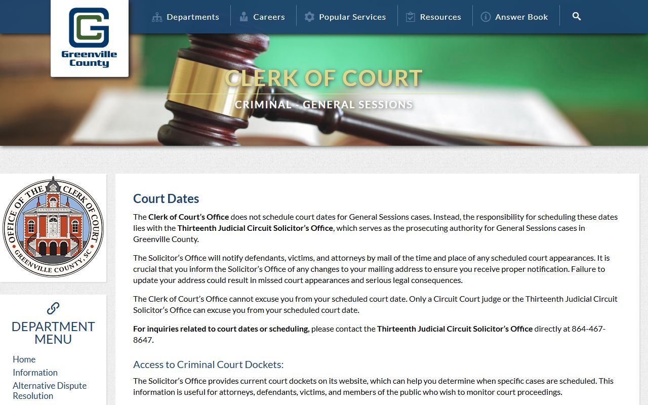 Greenville County Clerk of Court General Sessions court dates