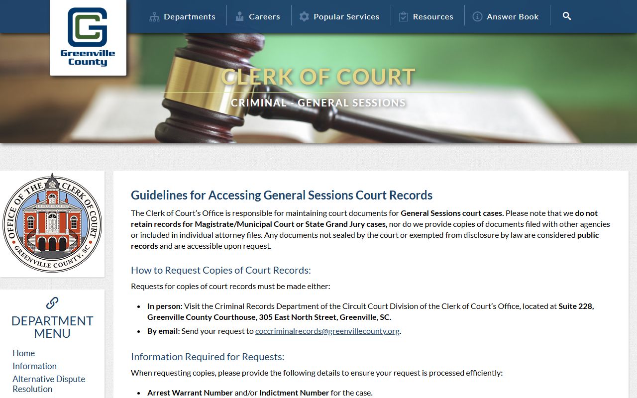 Greenville County Clerk of Court General Sessions copy requests