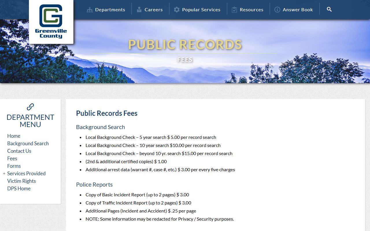 Greenville County arrest records Public Records fee schedule