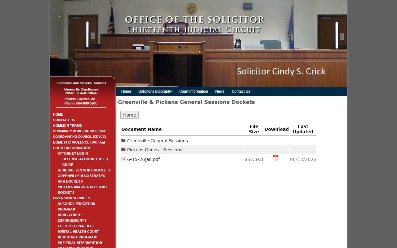 Greenville County General Sessions court dockets access page