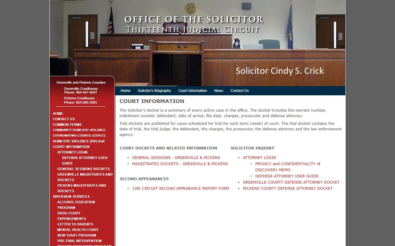 Greenville County court dockets Solicitor field description