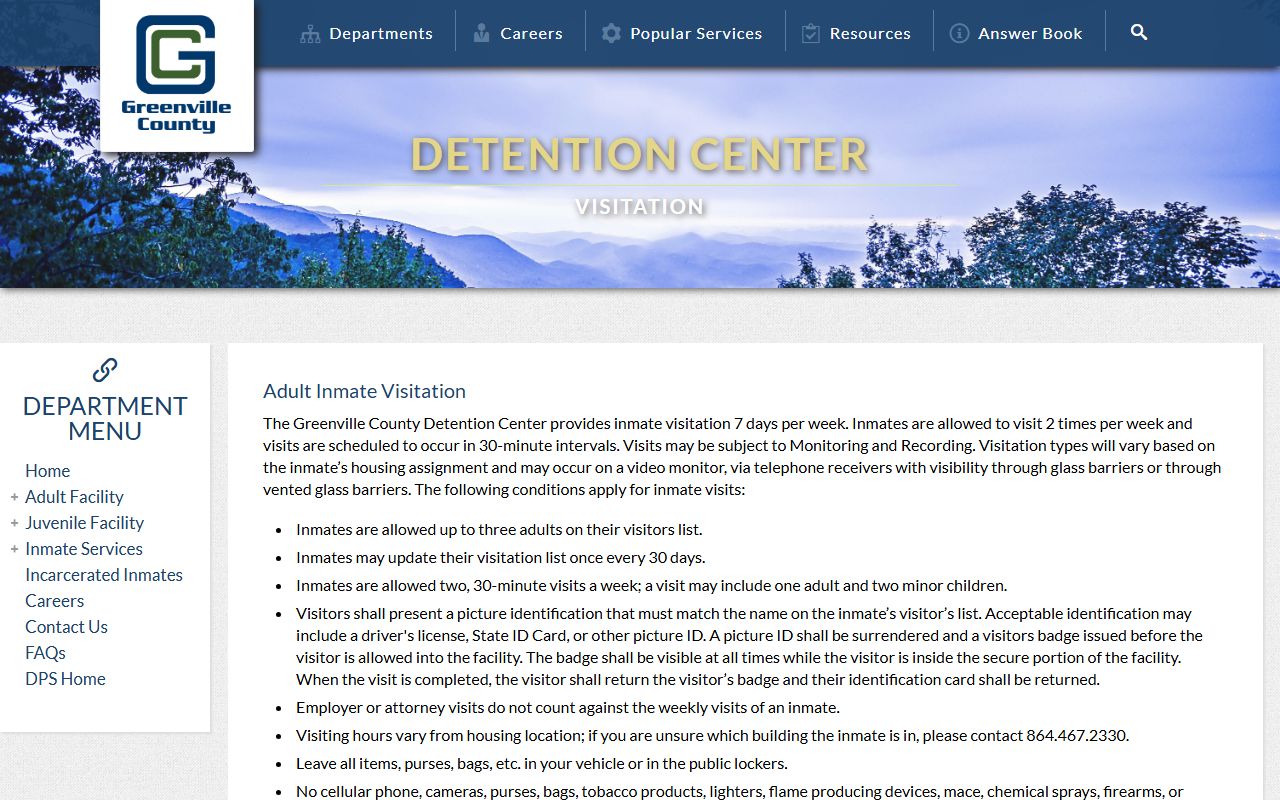 Greenville County inmate records adult visitation rules