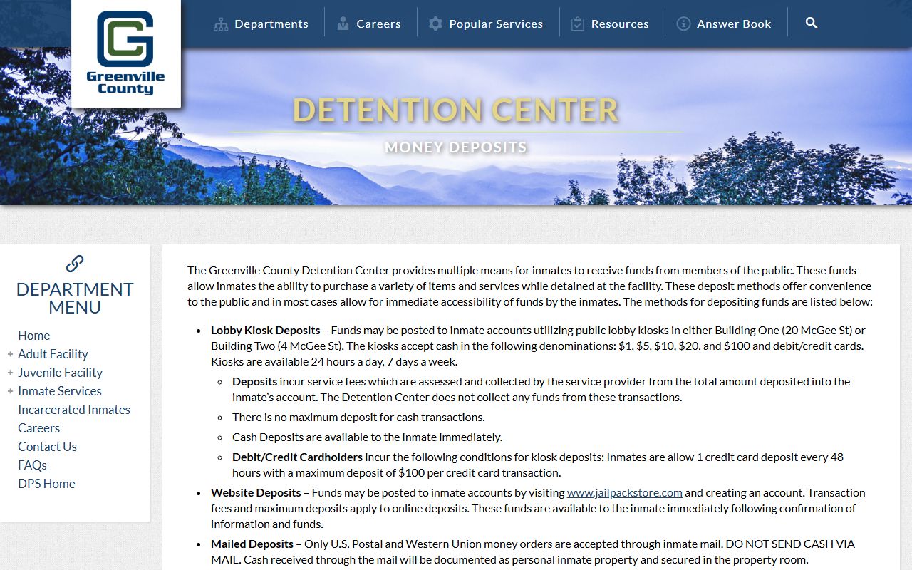 Greenville County inmate records money deposit rules