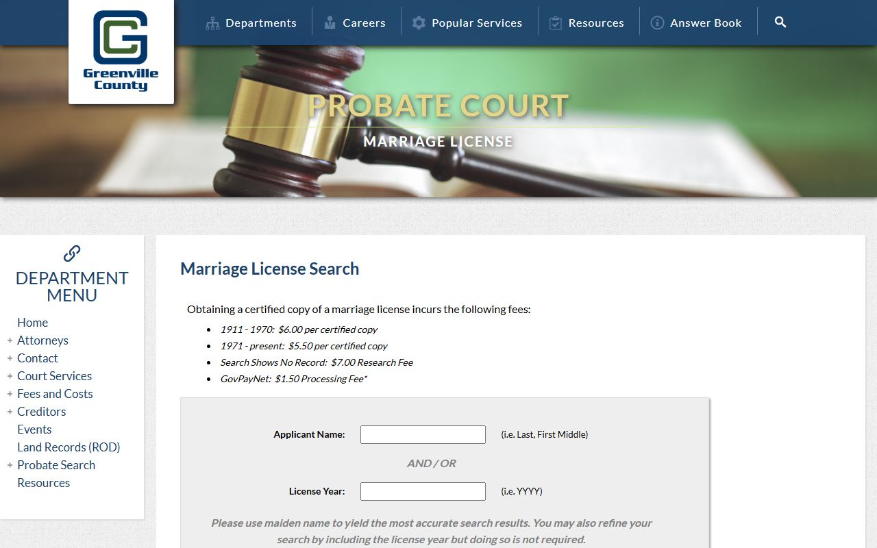 Greenville County marriage records license search and certified copies