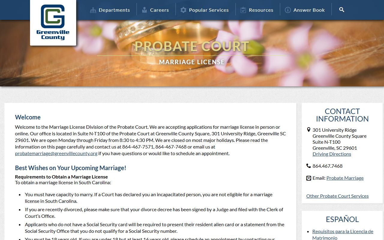 Greenville County marriage records Probate Court marriage license page