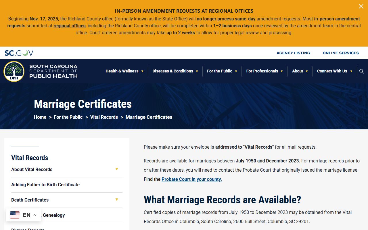 Greenville County marriage records South Carolina DPH marriage certificate date window