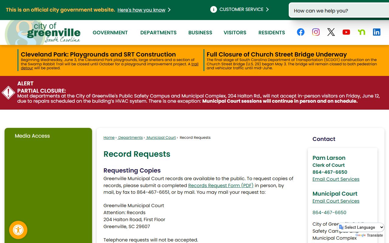 Greenville County traffic court records request channel